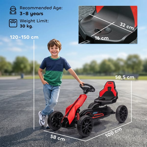 HOMCOM Gokart til børn, rød pedalbil med justerbart sæde og håndbremse, legetøjskøretøj til børn fra 3-8 år, lavet af plast og metal, 100x58x58.5 cm