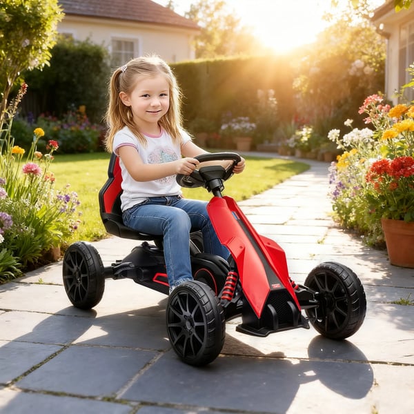 HOMCOM Gokart til børn, rød pedalbil med justerbart sæde og håndbremse, legetøjskøretøj til børn fra 3-8 år, lavet af plast og metal, 100x58x58.5 cm