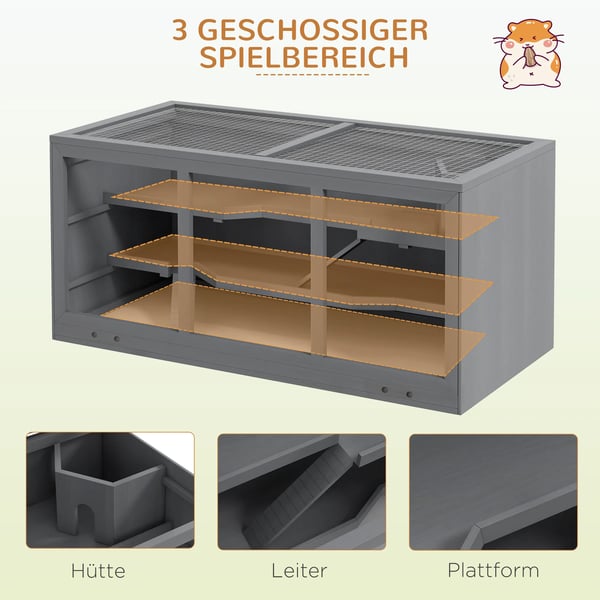 PawHut Hamsterbur i Gran og Plastik, Grå - 115 x 57 x 55 cm