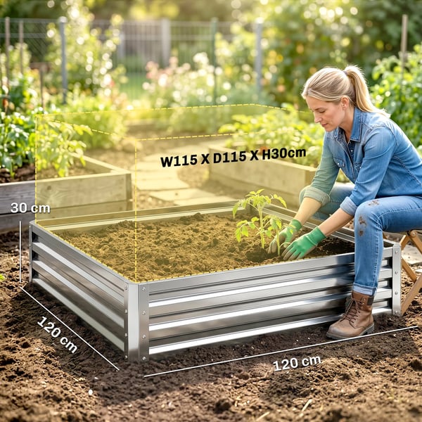 Outsunny Hjbed/Blomsterkasse til Slvga & Galvaniseret Stl, 120 x 120 x 30 cm