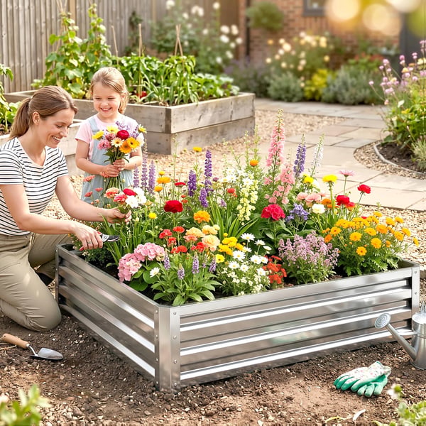 Outsunny Hjbed/Blomsterkasse til Slvga & Galvaniseret Stl, 120 x 120 x 30 cm