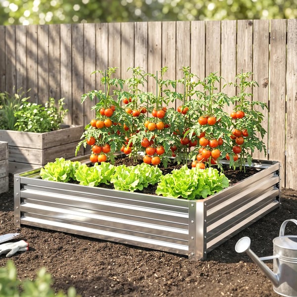 Outsunny Hjbed/Blomsterkasse til Slvga & Galvaniseret Stl, 120 x 120 x 30 cm