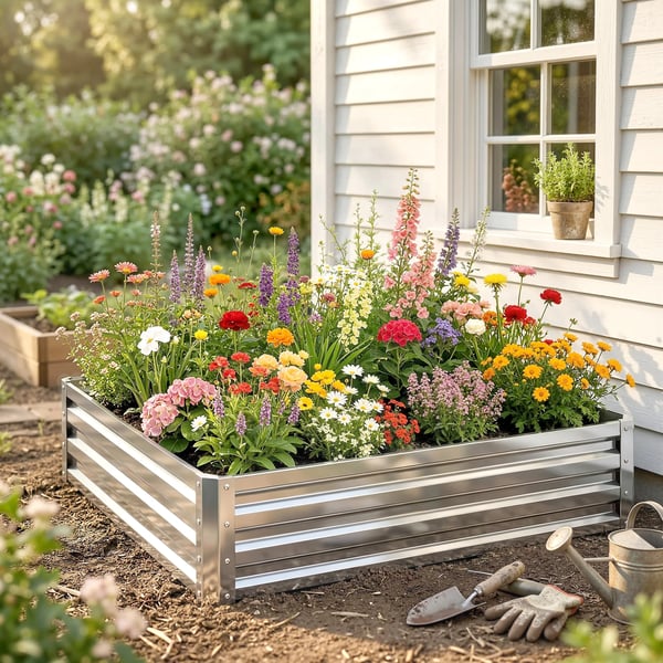Outsunny Hjbed/Blomsterkasse til Slvga & Galvaniseret Stl, 120 x 120 x 30 cm
