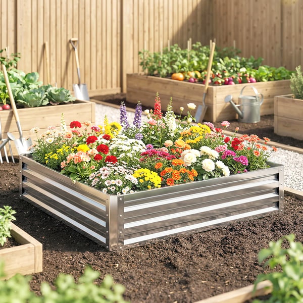 Outsunny Hjbed/Blomsterkasse til Slvga & Galvaniseret Stl, 120 x 120 x 30 cm