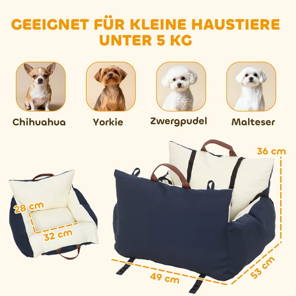 PawHut Sæde til Bil til Hunde, Marineblå Bomuld, Vaskbart Betræk, Op til 5 kg