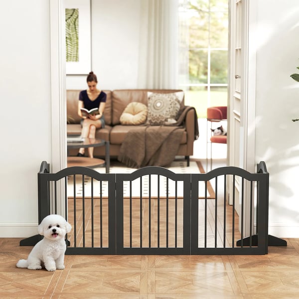 PawHut Foldbart Hundegitter m. 5 Paneler, Sort MDF/Træ, 261,5x29,5x61 cm