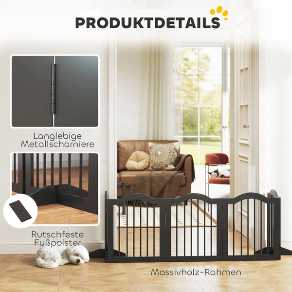 PawHut Foldbart Hundegitter m. 5 Paneler, Sort MDF/Træ, 261,5x29,5x61 cm