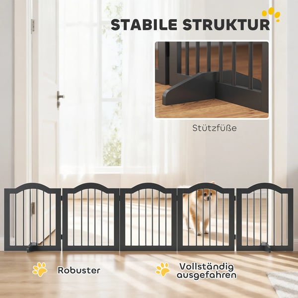 PawHut Foldbart Hundegitter m. 5 Paneler, Sort MDF/Træ, 261,5x29,5x61 cm