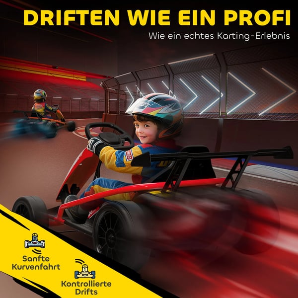 24V elektrisk go-kart til kørsel og drift, nylon-dæk, sikkerhedssele, horn, musik til 8-12 år, rød