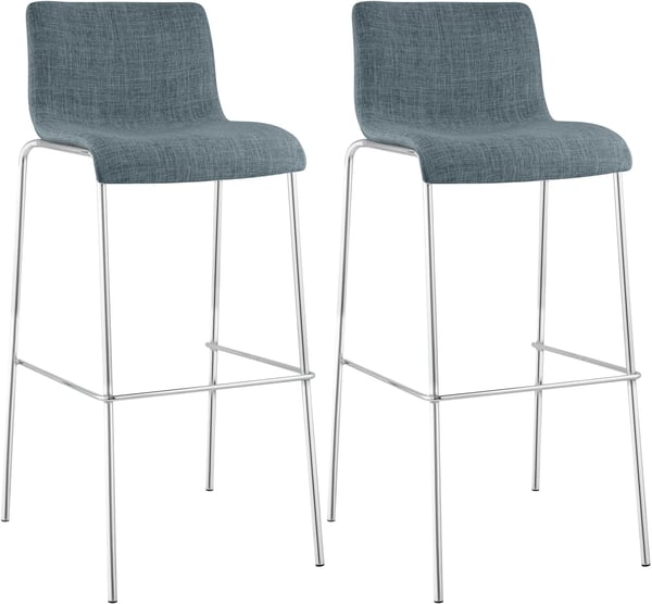 Set med 2 blå barstolar i tyg med 4-bensram i metallkrom