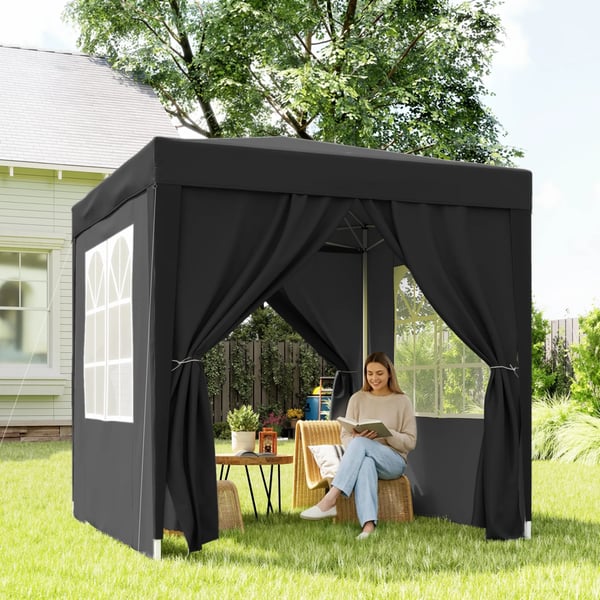 Outsunny Foldepavillon 2 x 2 m pavillon med 4 sidevægge, vindue, festtelt med UV-beskyttelse, havetelt inkl. bæretaske, stål, Oxford, sort