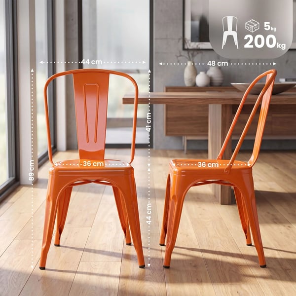 Sæt med 4 orange metal Benedikt-stole, stabelbare, industrielt design til spisestue, køkken, hjemmebar