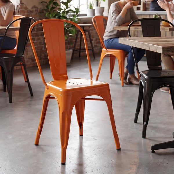 Sæt med 4 orange metal Benedikt-stole, stabelbare, industrielt design til spisestue, køkken, hjemmebar