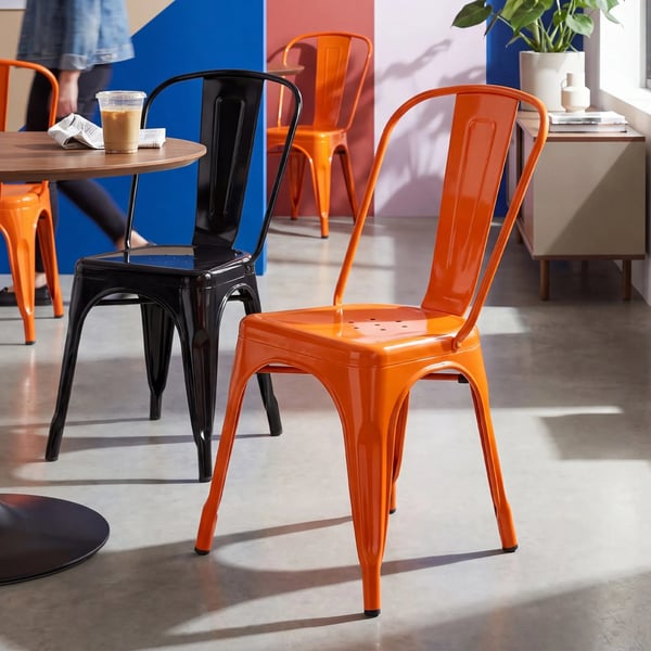 Sæt med 4 orange metal Benedikt-stole, stabelbare, industrielt design til spisestue, køkken, hjemmebar