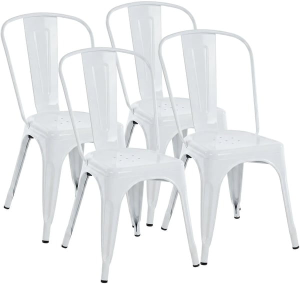 Sæt med 4 hvide metal Benedikt stole - Stabelbart industrielt design til spisestue, køkken, hjemmebar - Maks. belastning 200 kg
