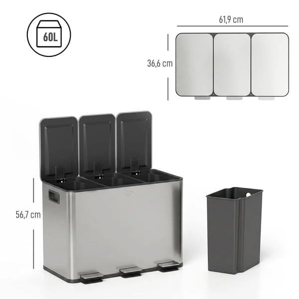 HOMCOM Keittiöroskakori 60L (3x20L) hopea, deodorointi, Soft-Close, irrotettava, sormenjäljätiivis, ruostumaton teräs/muovi