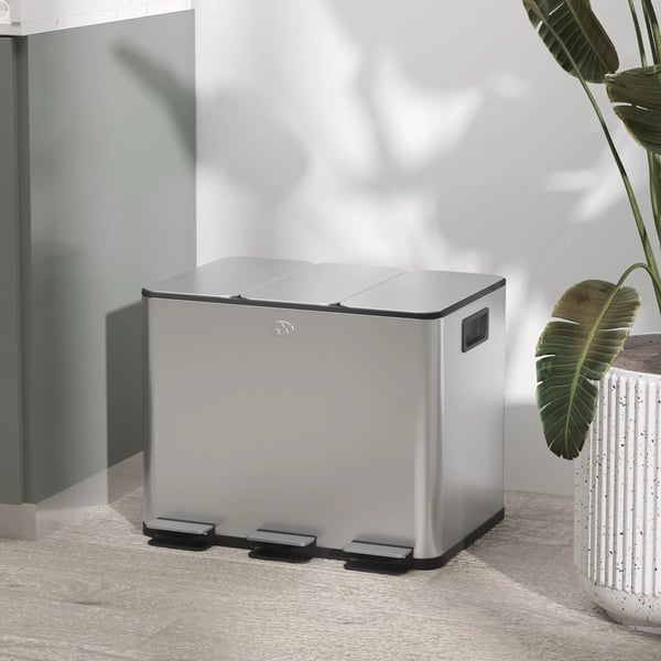 HOMCOM Keittiöroskakori 60L (3x20L) hopea, deodorointi, Soft-Close, irrotettava, sormenjäljätiivis, ruostumaton teräs/muovi