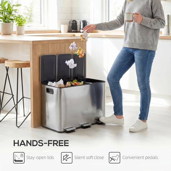 HOMCOM Keittiöroskakori 60L (3x20L) hopea, deodorointi, Soft-Close, irrotettava, sormenjäljätiivis, ruostumaton teräs/muovi