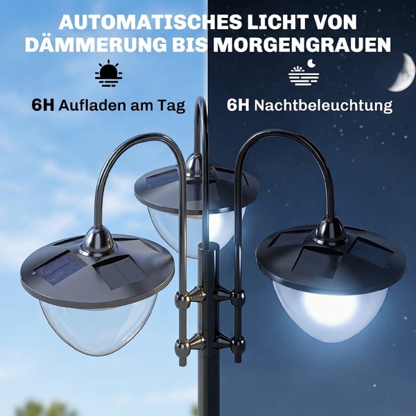 Outsunny Solcellelampe Have-lys 3-hovedet med blomsterkrukke-base, rustfrit stSål, Sort, IP44, 60x55x189cm