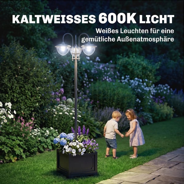 Outsunny Solcellelampe Have-lys 3-hovedet med blomsterkrukke-base, rustfrit stSål, Sort, IP44, 60x55x189cm