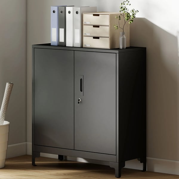 HOMCOM Metalfilskab med L2sbare D2re, Kontor Skab, 2-trins Design, Sort