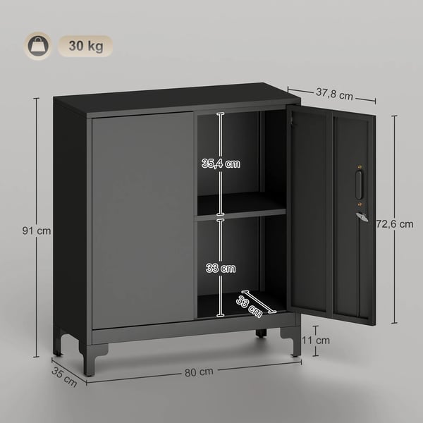 HOMCOM Metalfilskab med L2sbare D2re, Kontor Skab, 2-trins Design, Sort