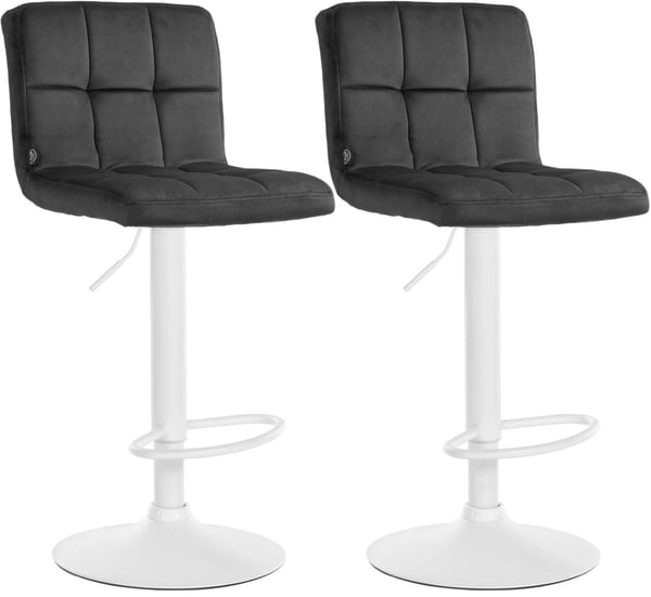 Set med 2 mörkgrå barstolar i sammet med metallbas, justerbar höjd och snurrfunktion