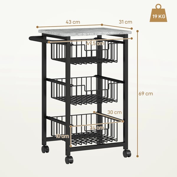HOMCOM 3-trins k%u00f8kkenvogn p%u00e5 hjul, serveringsvogn i lysegr%u00e5 MDF og st%u00e5l, 49,5B x 31T x 69H cm