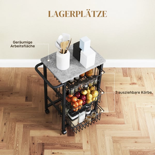 HOMCOM 3-trins k%u00f8kkenvogn p%u00e5 hjul, serveringsvogn i lysegr%u00e5 MDF og st%u00e5l, 49,5B x 31T x 69H cm