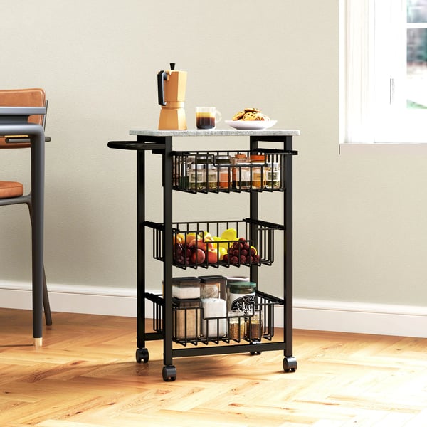 HOMCOM 3-trins k%u00f8kkenvogn p%u00e5 hjul, serveringsvogn i lysegr%u00e5 MDF og st%u00e5l, 49,5B x 31T x 69H cm
