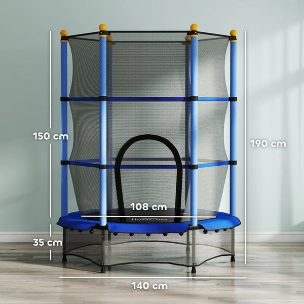 HOMCOM Børnetrampolin Ø140 cm, Blå, Sikkerhedsnet, Indendørs/Udendørs, 3-10 år