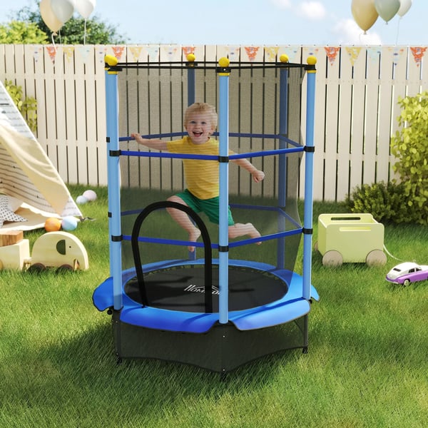 HOMCOM Børnetrampolin Ø140 cm, Blå, Sikkerhedsnet, Indendørs/Udendørs, 3-10 år