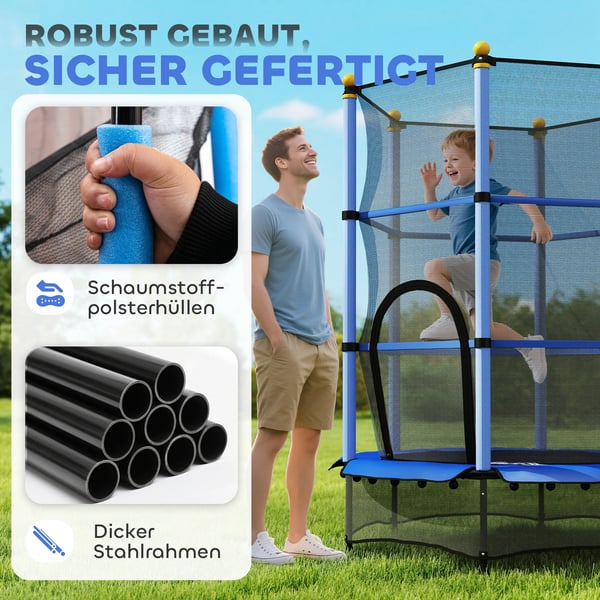 HOMCOM Børnetrampolin Ø140 cm, Blå, Sikkerhedsnet, Indendørs/Udendørs, 3-10 år