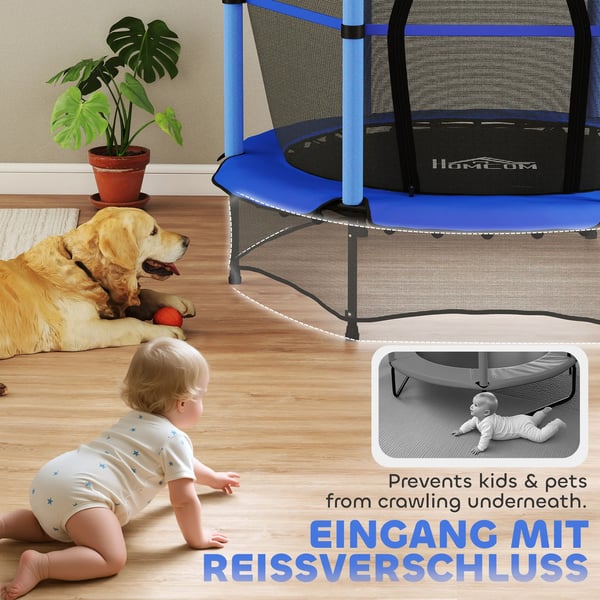 HOMCOM Børnetrampolin Ø140 cm, Blå, Sikkerhedsnet, Indendørs/Udendørs, 3-10 år