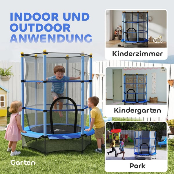 HOMCOM Børnetrampolin Ø140 cm, Blå, Sikkerhedsnet, Indendørs/Udendørs, 3-10 år