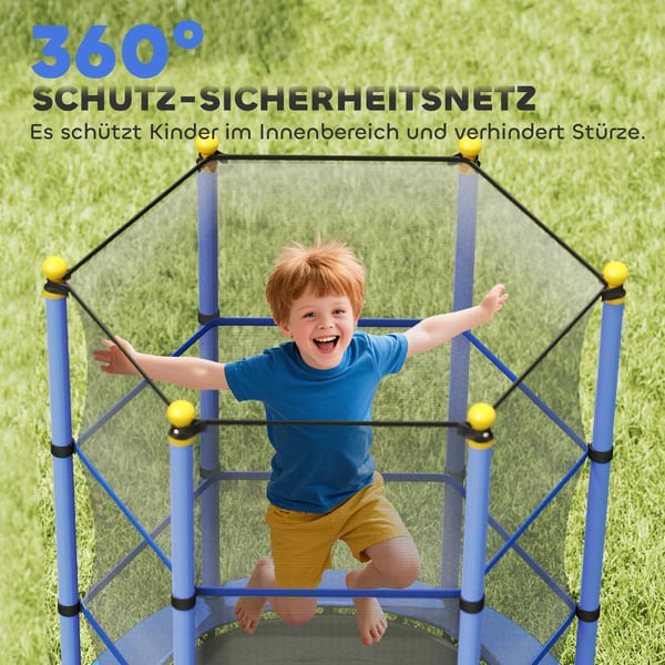 HOMCOM Børnetrampolin Ø140 cm, Blå, Sikkerhedsnet, Indendørs/Udendørs, 3-10 år