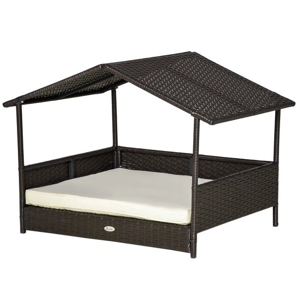 PawHut Rattan Hundehus med Pude - Vejrbestandigt PE Rattan, Kaffebrun, 98x69x73 cm