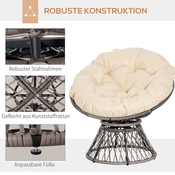 Outsunny Papasansessel kurvestol med blød hynde, 360° drejebar, udendørs/indendørs, beige