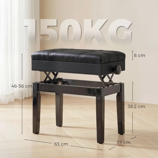 HOMCOM klaverbænk, højdejusterbar klaverstol med opbevaring, læderpude, sort, 63x35x46-56 cm