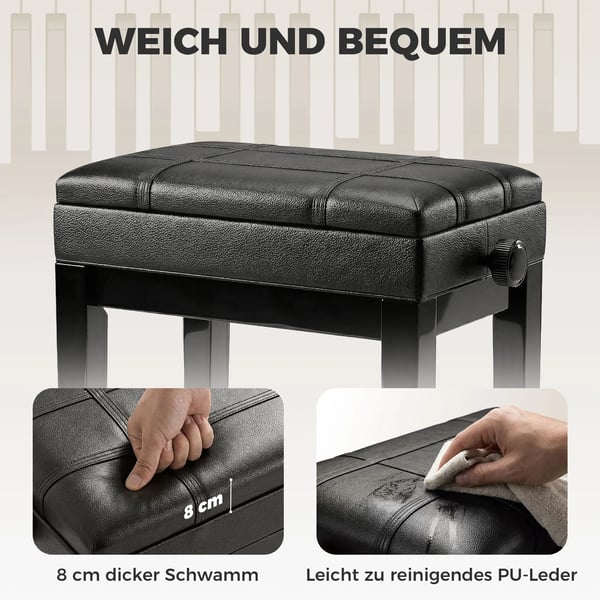 HOMCOM klaverbænk, højdejusterbar klaverstol med opbevaring, læderpude, sort, 63x35x46-56 cm