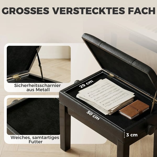 HOMCOM klaverbænk, højdejusterbar klaverstol med opbevaring, læderpude, sort, 63x35x46-56 cm