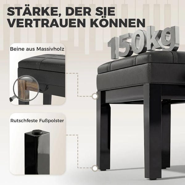 HOMCOM klaverbænk, højdejusterbar klaverstol med opbevaring, læderpude, sort, 63x35x46-56 cm