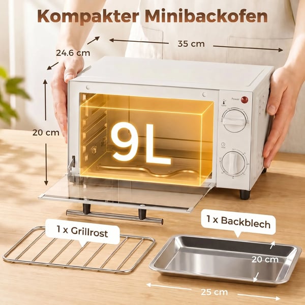 HOMCOM Miniovn 9L Rustfrit Stål i Cremefarvet Hvid - 750W med Bageplade & Grillrist