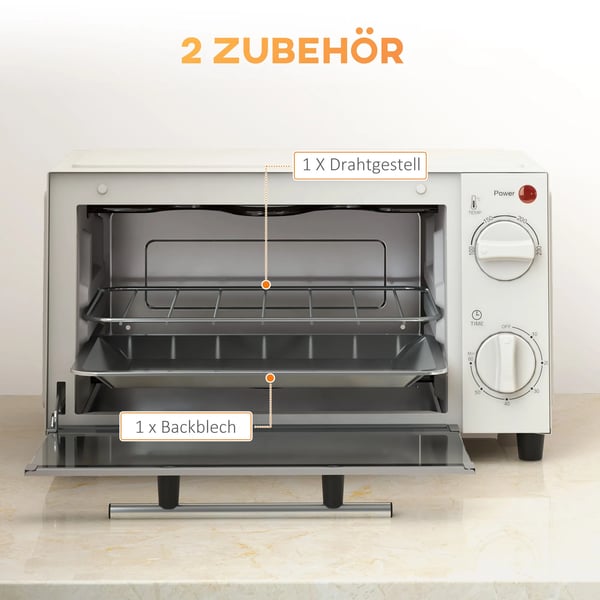 HOMCOM Miniovn 9L Rustfrit Stål i Cremefarvet Hvid - 750W med Bageplade & Grillrist