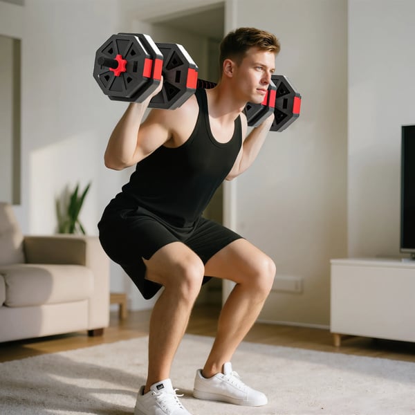 SPORTNOW Justerbart 4-i-1 V`egts`t - 15kg Håndvægte, Vægtstang & Kettlebell - Rød Plastik