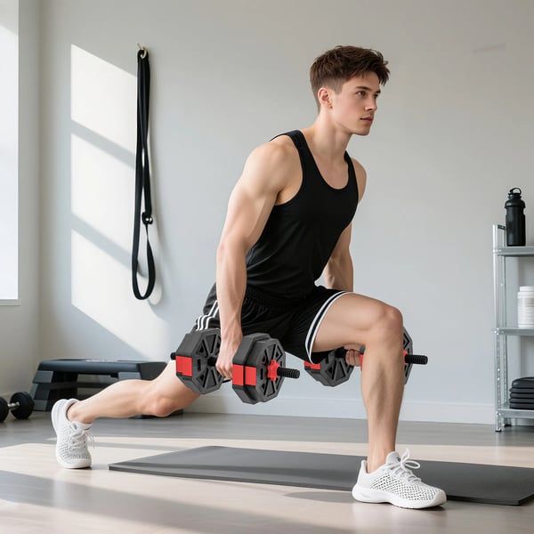 SPORTNOW Justerbart 4-i-1 V`egts`t - 15kg Håndvægte, Vægtstang & Kettlebell - Rød Plastik