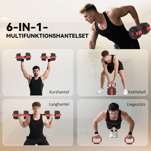 SPORTNOW 4-i-1 Håndvægtsæt - Justerbar Vægtstang, Kettlebell & Håndvægte (25 KG, Rød Plastik) til Hjemmetræning
