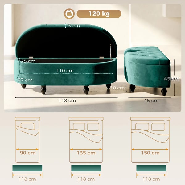 HOMCOM Sædebank med Opbevaring, Mørkegrøn Velour, Polstret Bænk med Skjult Opbevaring, 120 x 46 x 42 cm