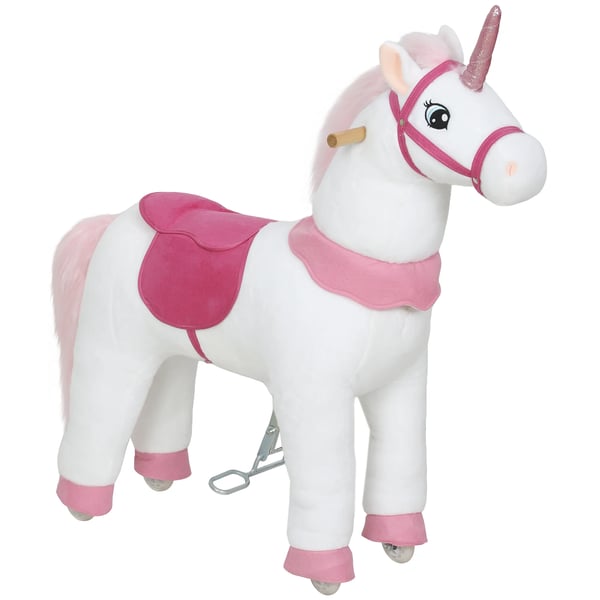 Ridehest til børn, enhjørningedesign, stofbetræk, stabilt stel, bløde hjul, gyngehest, 3-5 år, hvid