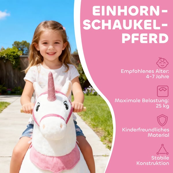 Ridehest til børn, enhjørningedesign, stofbetræk, stabilt stel, bløde hjul, gyngehest, 3-5 år, hvid
